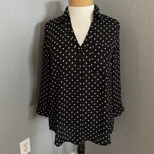 A. Byer Blouse Size Medium Black Polka Dots Roll Tab Sleeves Sheer Lightweight